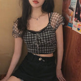 Square Collar Chiffon Plaid Crop Tops